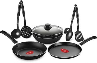 Pigeon Mio Nonstick Aluminium Cookware Gift Set, Includes Nonstick Flat Tawa, Nonstick Fry Pan, Kitchen Tool Set, Nonstick Kadai With Glass Lid, 8 Pieces Kitchen Set (Black)