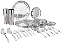 Amazon Brand – Solimo Stainless Steel Solid Dinner Set Of 50 Pieces | Mirror Finish With Laser Etched Design I Bhojan Thali Set I Dinnerware Set For Kitchen I Dishwasher Safe