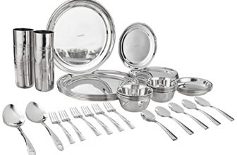 Amazon Brand – Solimo Stainless Steel Solid Dinner Set Of 50 Pieces | Mirror Finish With Laser Etched Design I Bhojan Thali Set I Dinnerware Set For Kitchen I Dishwasher Safe