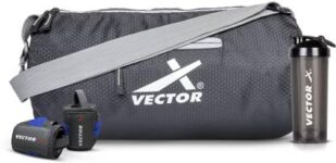 Vector X All in One Multipurpose Gym Bag Kit-Attacker 17 L Gym Sports Duffel Bag + Wrist Strap for Gym & Fitness Wrist Support + Nitro 700 ml Protein Shaker Bottle for Men & Women (Black)