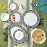 Larah by Borosil Sapphire Crest Opalware Dinner Set | 61 Pcs for Family of 8 | Microwave & Dishwasher Safe | Bone-Ash Free | Crockery Set for Dining & Gifting | Plates & Bowls