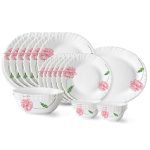 Larah by Borosil Red Mist Fluted Series Opalware Dinner Set | 21 Pieces for Family of 6 | Microwave & Dishwasher Safe | Bone-Ash Free | Crockery Set for Dining & Gifting | Plates & Bowls | White
