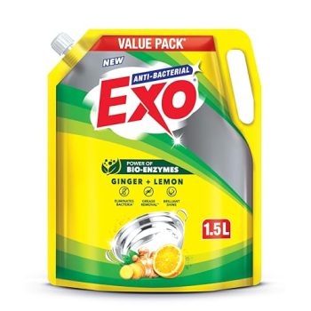 Exo Anti-Bacterial Liquid Dishwash Gel – 1.5L Value Pack| Anti-Bacterial Formula with Ginger & Lemon for Sparkling Clean Utensils |Powered with Bio Enzymes for Tough Grease Removal & Brilliant Shine