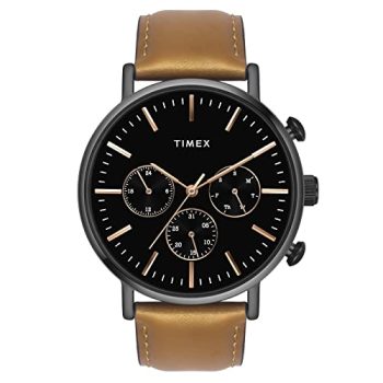 TIMEX Analog Watch for Man with Black Round Dial & Tan Leather Strap Band Water Resistant Men’s Wrist Watches – TWEG20006