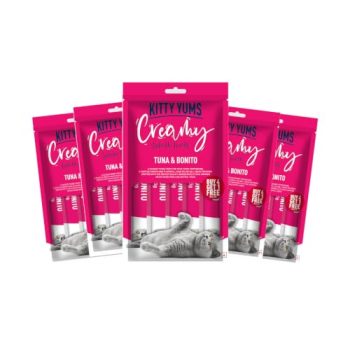 Kitty Yums Kitten & Adult Creamy Lickable Cat Treat (75g x 5 Pouches) Total 375g | Tuna & Bonito Flavour | Creates a Better Bond | Antioxidants Boost Immunity | Better Brain & Eyesight Development