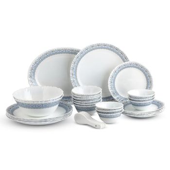 CELLO Aurum Imperial Plus Series Opalware Dinner Set of 33 Pieces for Family of 6 | Bone-Ash Free & Leadfree Opal Glass Microwave & Dishwasher Safe Crockery Plates & Bowls Set for Daily Use & Gifting