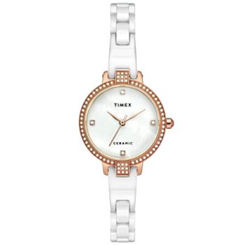 TIMEX Analog Watch for Women with Mother of Pearl White Round Dial & White Ceramic Bracelet Band Water Resistant Women’s Wrist Watches – TWEL15700