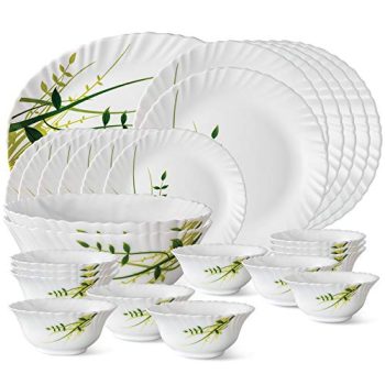 Larah by Borosil Fluted Series Green Herbs Opalware Dinner Set | 27 Piece for Family of 6 | Microwave & Dishwasher Safe | Bone-Ash Free | Crockery Set for Dining & Gifting | Plates & Bowls | White