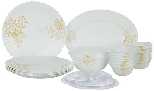 Larah by Borosil Ingot Fluted Series Opalware Dinner Set | 23 Pieces for Family of 6 | Microwave & Dishwasher Safe | Bone-Ash Free | Crockery Set for Dining & Gifting | Plates & Bowls | White