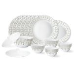 Larah by Borosil Ora Gold Fluted Series Opalware Dinner Set | 23 Pieces for Family of 6 | Microwave & Dishwasher Safe | Bone-Ash Free | Crockery Set for Dining & Gifting | Plates & Bowls | White