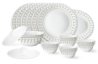 Larah by Borosil Ora Gold Fluted Series Opalware Dinner Set | 23 Pieces for Family of 6 | Microwave & Dishwasher Safe | Bone-Ash Free | Crockery Set for Dining & Gifting | Plates & Bowls | White