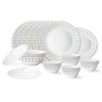 Larah by Borosil Ora Gold Fluted Series Opalware Dinner Set | 23 Pieces for Family of 6 | Microwave & Dishwasher Safe | Bone-Ash Free | Crockery Set for Dining & Gifting | Plates & Bowls | White