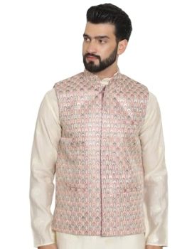 SOJANYA Since 1958 Men’s Premium Silk Multi Colored Embroidered Peach Nehru Jacket