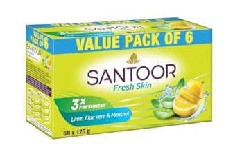 Santoor Fresh Skin Aloe Vera & Lime Bathing Soap with Nourishing & Anti-Aging Properties| For Smooth & Soft and Younger-Looking Skin| For All Skin Types| 125g, Pack of 6