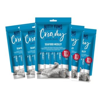 Kitty Yums Creamy Lickable Cat Treat (75g x 5 Pouches) Total 375g | Seafood Medley Flavour | Better Digestibility | Easy to Hand Feed | Better Brain & Eyesight Development