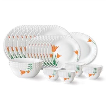 Larah by Borosil Firefly Fluted Series Opalware Dinner Set | 33 Pieces for Family of 6 | Microwave & Dishwasher Safe | Bone-Ash Free | Crockery Set for Dining & Gifting | Plates & Bowls | White