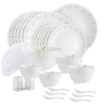CELLO Tropical Lagoon Dazzle Series Opalware Dinner Set of 37 Pieces For Family of 6 | Bone-Ash Free & Leadfree Opal Glass, Microwave & Dishwasher Safe Plates & Bowls Crockery Set For Dining & Gifting