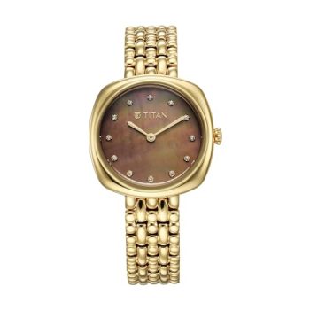 Titan Aura Phase Quartz Analog Brown Dial Golden Stainless Steel Strap Watch for Women-95241YM01