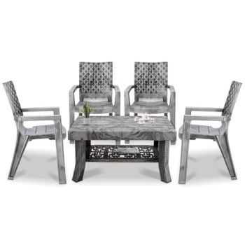 MAHARAJA Luxury Plastic Armchair & Table Set | Heavy-Duty & Sleek Design for Every Space (Silver, 4 Chair+1 Table)