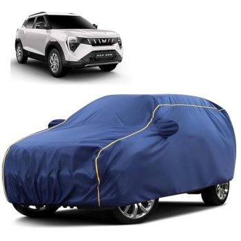 Sulfar 100% Water Resistant Car Body Cover Compatible with Mirror for Mahindra XUV 3XO (Triple Stitched, Full Bottom Elastic, Blue Tafetta with Yellow Piping)
