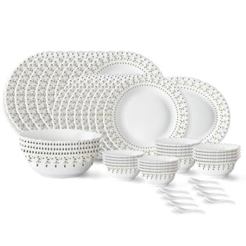 Larah by Borosil Ora Gold Fluted Series Opalware Dinner Set | 44 Pieces for Family of 8 | Microwave & Dishwasher Safe | Bone-Ash Free | Crockery Set for Dining & Gifting | Plates & Bowls | White