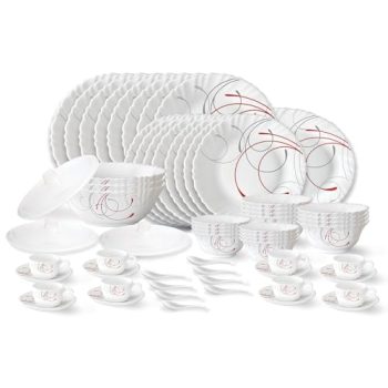 Larah by Borosil Boro Fluted Series Opalware Dinner Set | 63 Pieces for Family of 8 | Microwave & Dishwasher Safe | Bone-Ash Free | Crockery Set for Dining & Gifting | Plates & Bowls | White