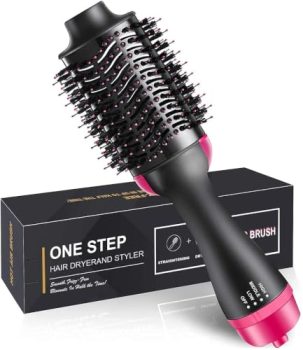 One Step Hair Dryer Brush – Hot Air Brush Hair Dryer & Volumizer | Heat Settings | Hair Straightener & Styler Brush for Fast Drying, Smoothening & Salon Blowout | Black & Pink