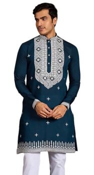 Kalaanj Men’s Embroidered Silk Kurta || Only Kurta (KALSS2503MK-Blue-XXL)