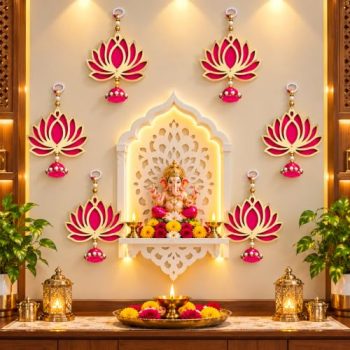 Lotus Hanging for Decoration | Handmade Wall Decor with Jhumki Style | Set of 6 Pink/Rani | Export Quality Lotus Hanging for Home, Temple & Pooja Room | Diwali, Wedding & Festival Decor