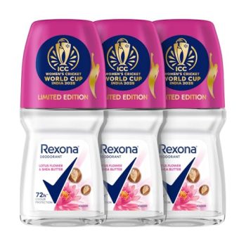 Rexona Lotus Flower & Shea Butter Antiperspirant Roll-On | for Women |72H Odour Protection | Limited Edition Pack – ICC Women’s Cricket World Cup India 2025 |50 ML (Pack of 3)