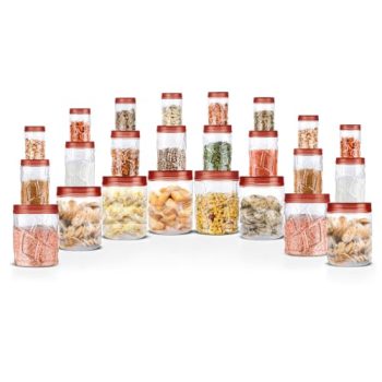 MILTON Vitro Airtight Canister for Kitchen Storage Food Grade Plastic, Stackable & Transparent Organizer Jars, Set of 24(8 x 300ml,700ml,1400ml each) Tea,Coffee,Sugar,Dry Fruits, Grains, Pulses, Brown