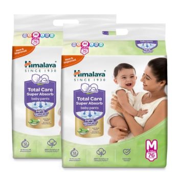 Himalaya Total Care Super Absorb Baby Pants Diaper | Size M (Medium) 152 Count | Pack of 2 | 7-12 kg | Breathable & Rapid Zig Zag Absorption | Keeps Skin Calm & Rash Free