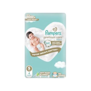 Pampers Premium Care Pant Style Baby Diapers S 4 Count | No Marks Design | Voted India’s #1 Softest Diaper | All in 1 diaper with 360 Cottony Softness