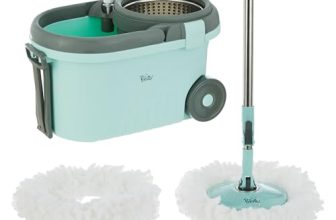 Amazon Brand – Presto! Clean Steel Spin Mop | Plastic & Stainless Steel | 2 Microfiber Refills | Big Wheels with Drag Handle | 360° Spin | Telescopic Handle | Green
