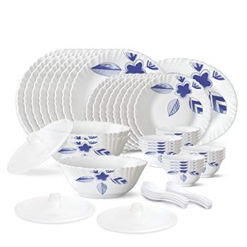 Larah by Borosil 47 Pc Morning Glory Opalware Dinner Set for Family of 8, Microwave & Dishwasher Safe Silk Series Crockery for Dining & Gifting, Bone Ash Free Plates & Bowls