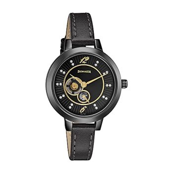 Sonata Unveil Black Dial Women Analog Watch with Leather Strap-NR8141NL03