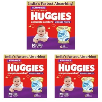 Huggies Complete Comfort Wonder Pants | Pant Style Baby Diapers Medium Size (M), 228 Count | India’s Fastest Absorbing Diaper, Prevents Diaper Rash, Ideal for 7 to 12 Kgs (76 Count, Pack of 9)