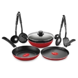 Pigeon Mio Non Induction Base Nonstick Aluminium Cookware Gift Set, Includes Nonstick Flat Tawa, Nonstick Fry Pan, Kitchen Tool Set, Nonstick Kadai with Glass Lid, 8 Pieces Kitchen Set (Red)