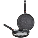 Amazon Brand – Solimo Aluminium 3 Piece Non-Stick Cookware Set With Detachable Handle | Granite Finish | Induction Base | Pfoa Free | High Temperature Resistant Exterior Coating | Black