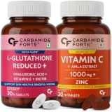 Carbamide Forte Japanese Reduced L Glutathione 500mg Tablets with Vitamin C from Amla Extract | Glutathione Supplements & Vitamin C Supplements – 30 Veg Tablets Each